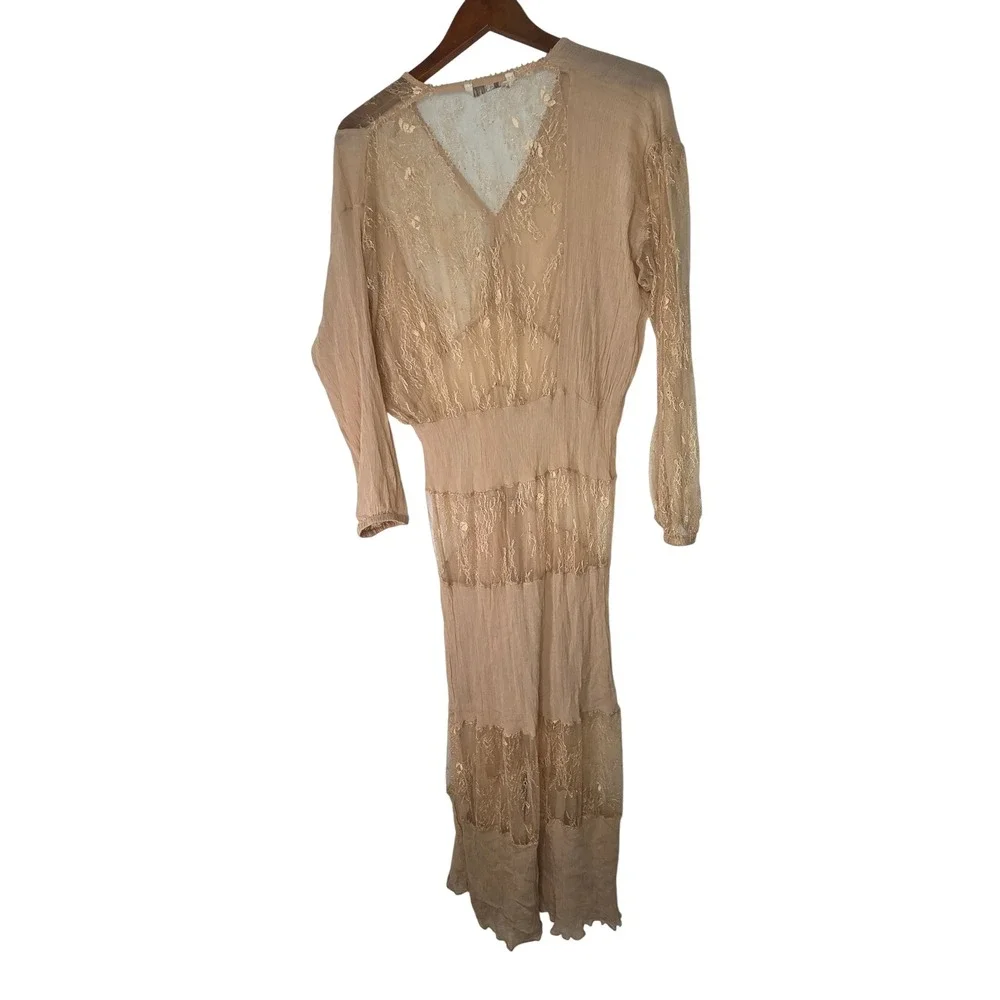 ZARA Women's Beige sheer Lace Trim V-Neck Maxi Dress M - Picture 7 of 9